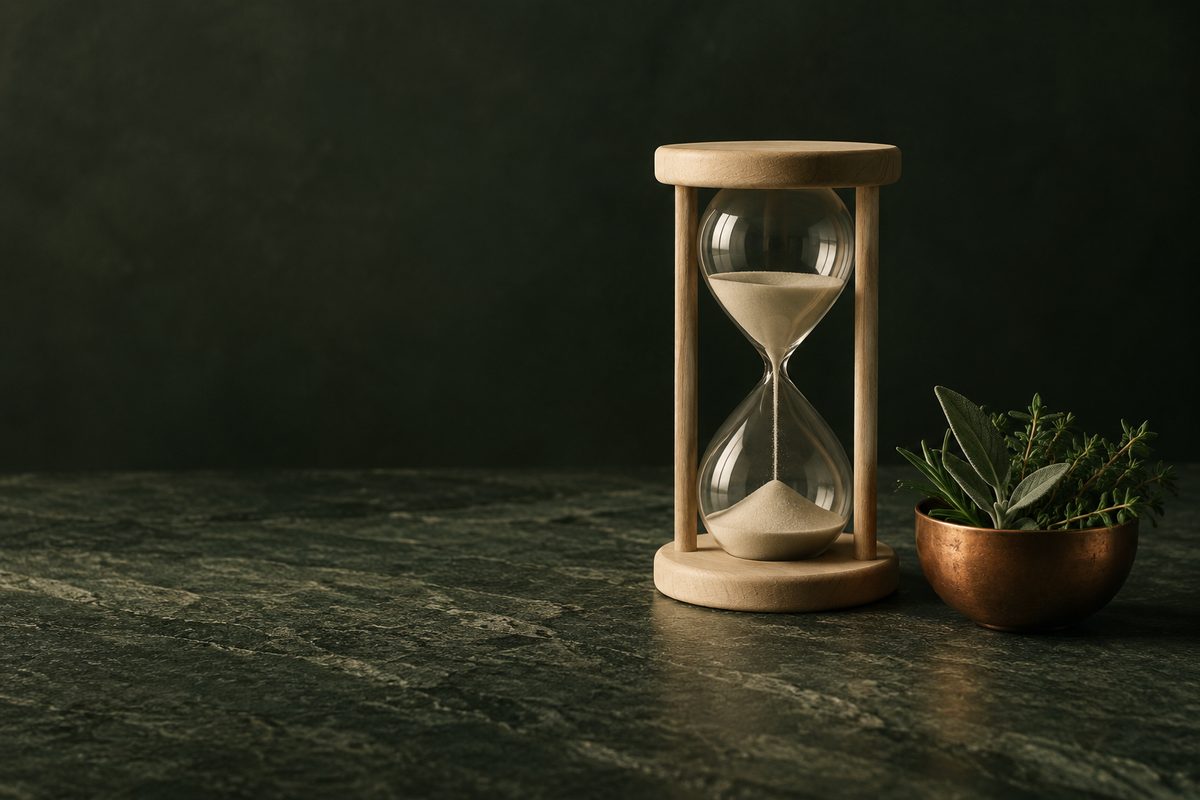 Sanduhr aus Holz neben einer Schale mit frischen Kräutern