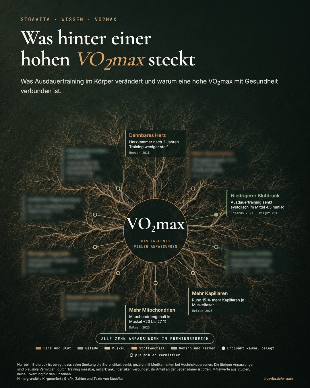 Vorschau des Posters mit den Anpassungen hinter der VO2max : vier Anpassungen lesbar (dehnbares Herz, niedrigerer Blutdruck, mehr Kapillaren, mehr Mitochondrien), sechs unscharf